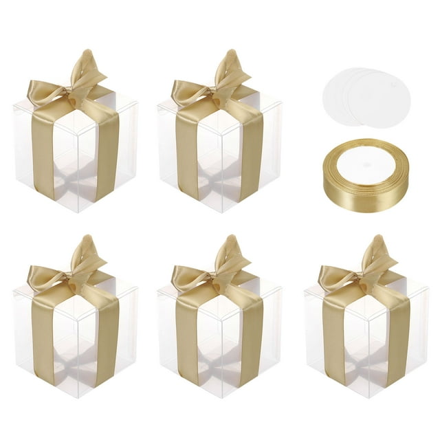 Uxcell 5 Pcs Cajas de Regalo Transparentes, Cajas de 90x90x90mm para Fiestas con Cinta Dorada y Etiqueta en Blanco