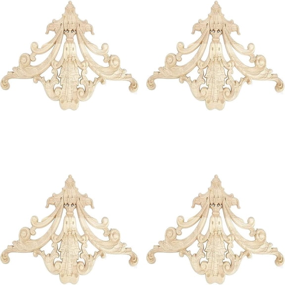 4PCS Wooden Applique Onlays 5.9x9.8inch Natural Wood Carved Onlay Applique Craft Unpainted Furniture Home DecorationDIY