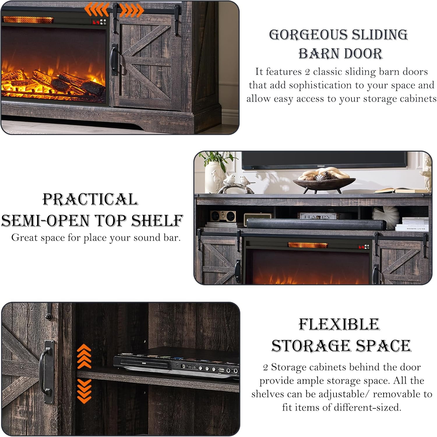 OKD Farmhouse Fireplace TV Stand for 80" TV, Highboy Entertainment Center with 36" Electric Fireplace, Media Console with Sliding Barn Door for Living Room, Dark Rustic Oak