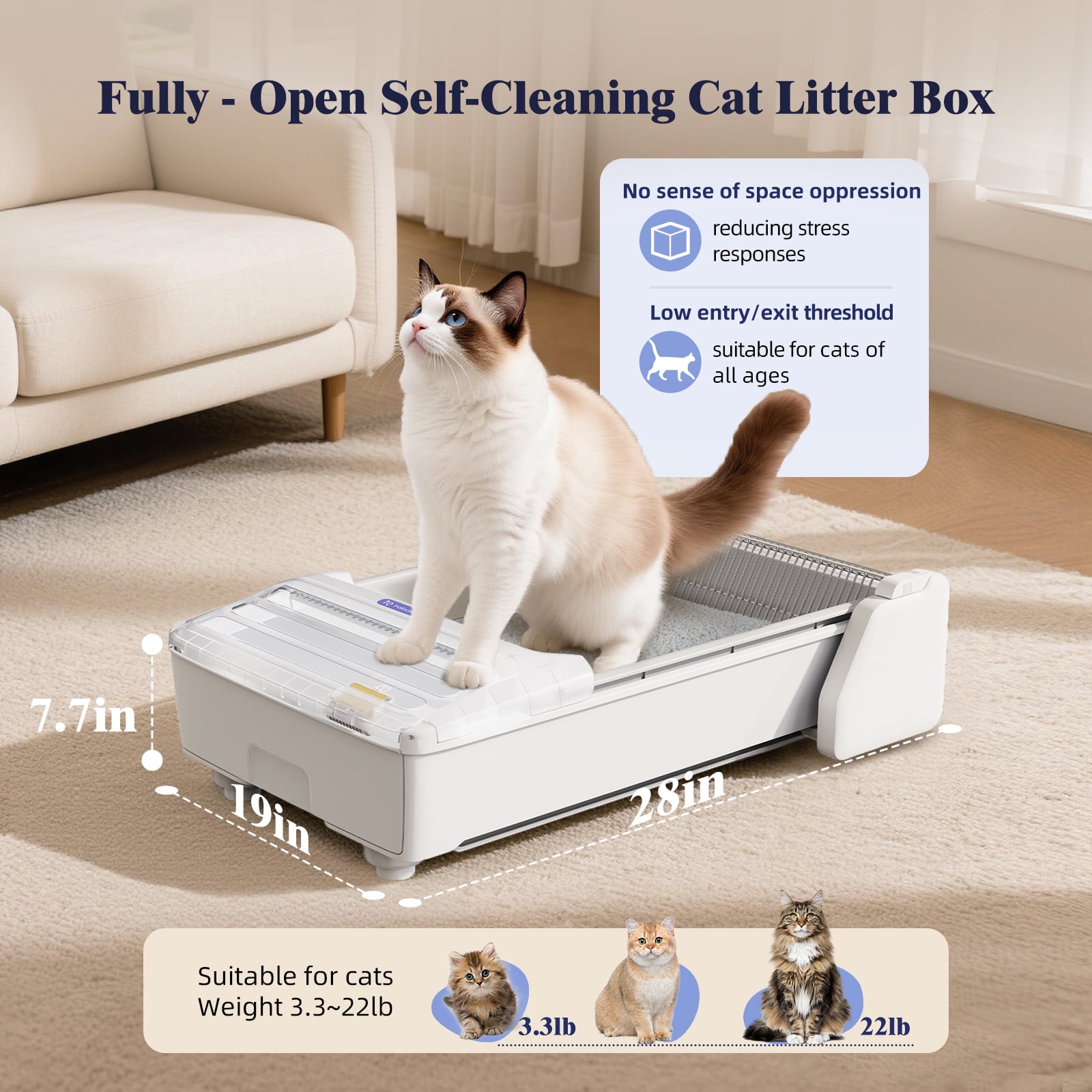 Robotail Extra Large Open-Top Self-Cleaning Cat Litter Box, Smart Tray for Multi-Cat, App Control & Health Monitor