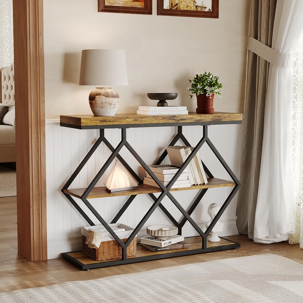 Industrial 3-Tier Entryway Table, Console Sofa Table with Open Shelves, X-Shaped Metal Frame, Foyer Accent Table for Entryway, Hallway
