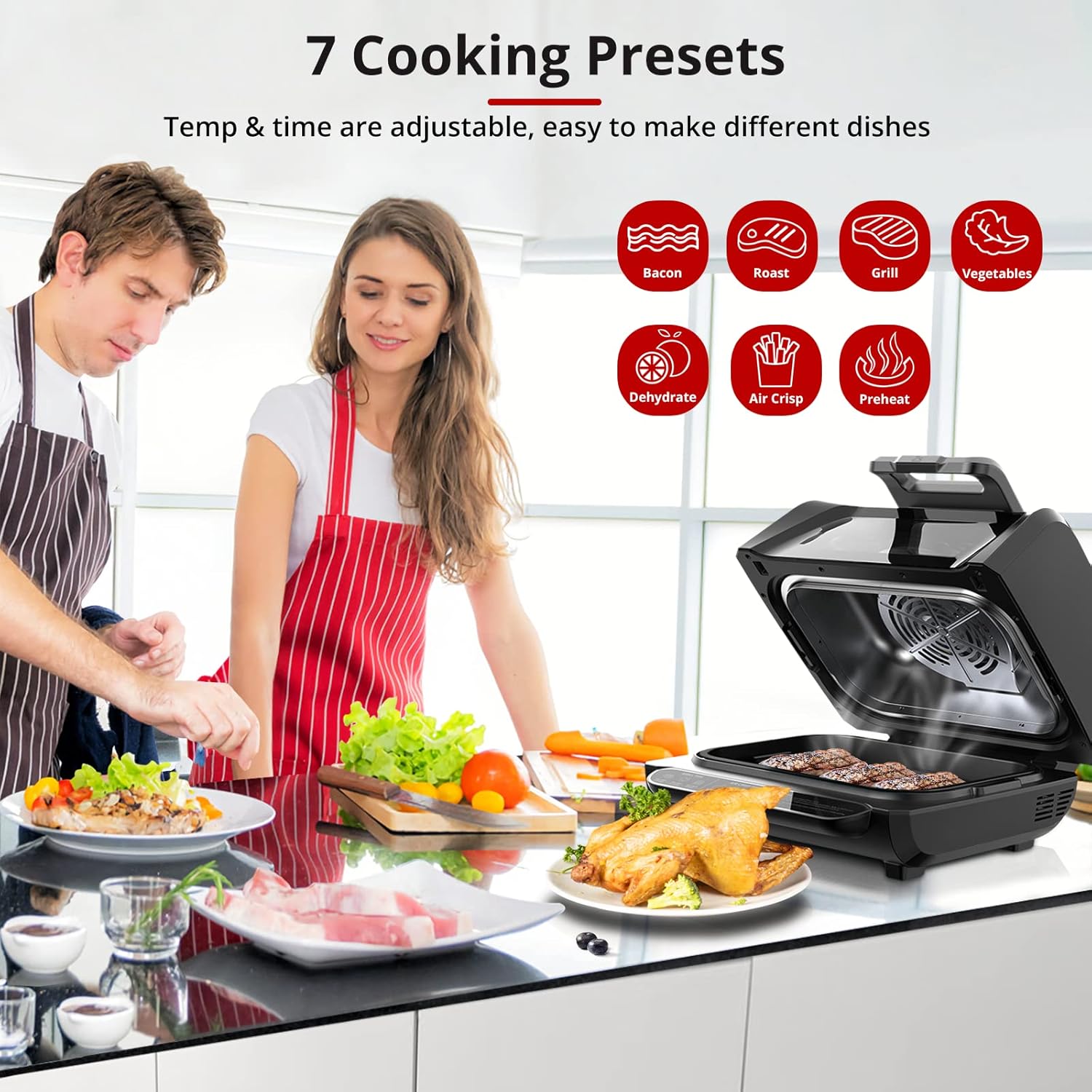 M optimized Indoor Grill Air Fryer Combo w/ See-Through Window, 7 in 1 Smokeless Electric Air Grill Up to 450°F, 1750W Contact Grill w/ Non-Stick Removable Plates, Even Heat, Silicon Tongs, 4Qt, Black