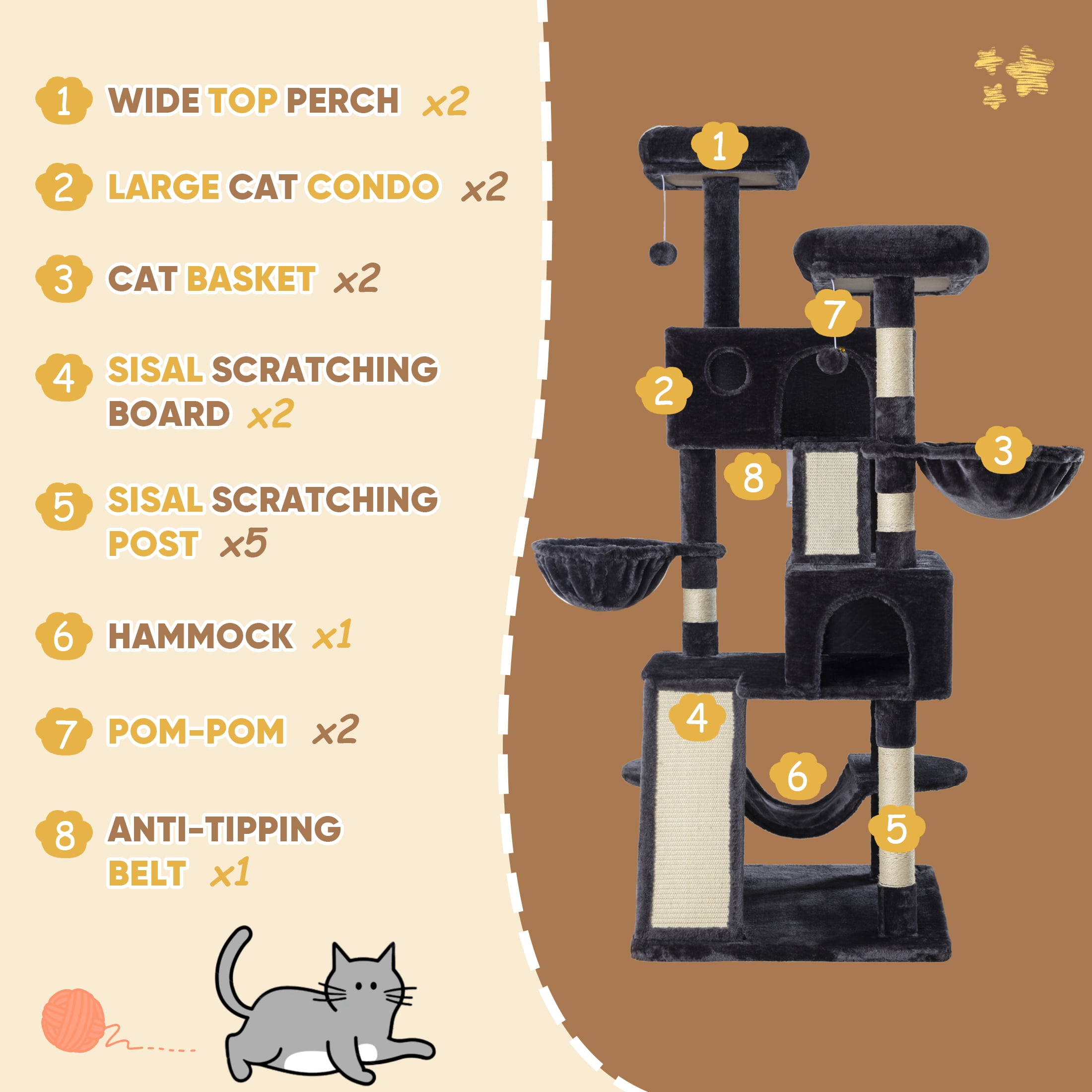 Einfach 65.7" Large Cat Tree and Tower for Cats, Condo House with Hammock, 2 Scratching Boards & 5 Scratching Posts, Dark Blue