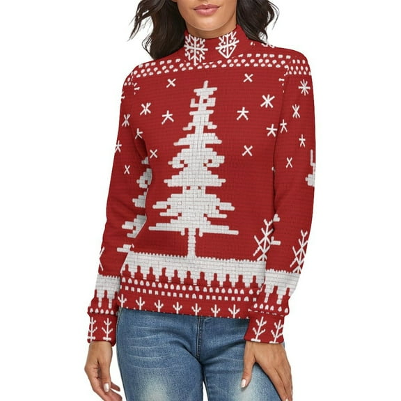 Knitted Christmas Deer Snow Women's Turtleneck Sweater Long Sleeve Ribbed Fitted Turtle Neck Casual Fall Winter Collection Top M