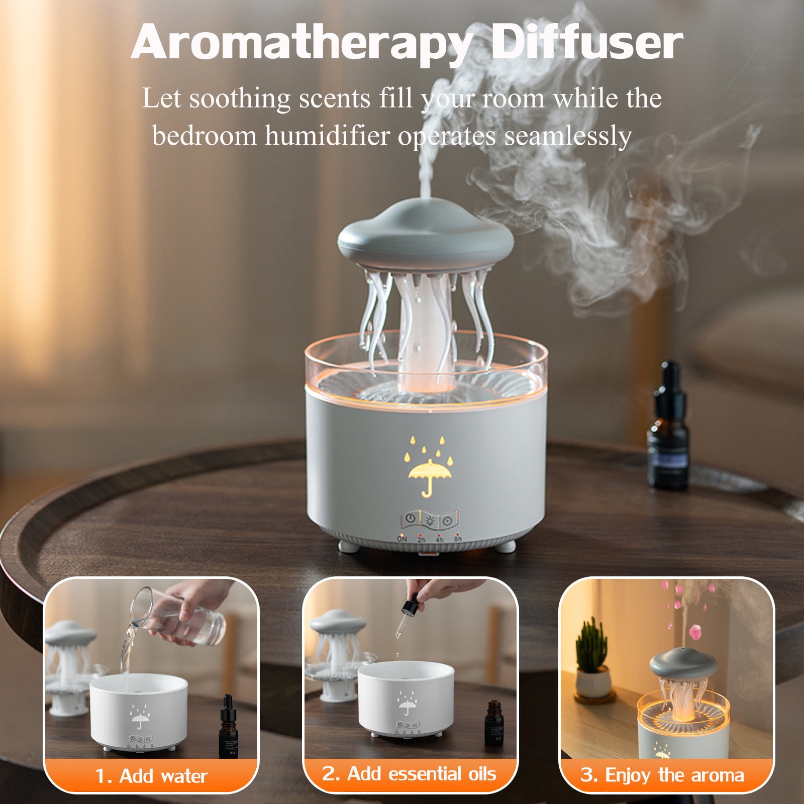 Humidifier for Bedroom, 7-Color Rotatable Dancing Jellyfish Rain Humidifier with Water Drip Effect, 300ML Small Humidifier Aroma Diffuser with Remote & Timer, Cute Humidifier Gift for Kids Teen Women