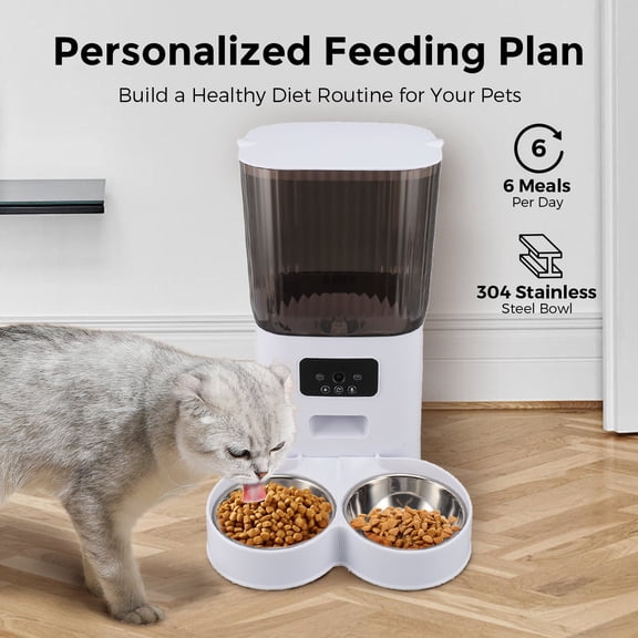 Crtynell Smart Camera Automatic Cat Feeder for 2 Cats, 5L Food Dispenser with 2 Stainless Steel Bowl,Timed Programmable 1-6 Meals Control, Dual Power Supply,10s Meal Call, APP Control