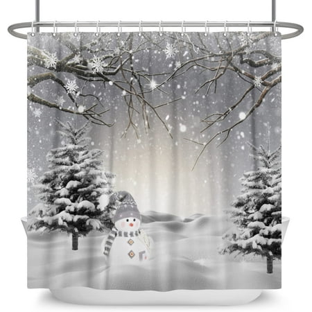 Newhomestyle Merry Christmas Shower Curtains for Bathroom Cute Snowman with Xmas Trees in Snow Scenery Bathroom Decor Polyester Fabric Waterproof with Hooks 72x72 inch