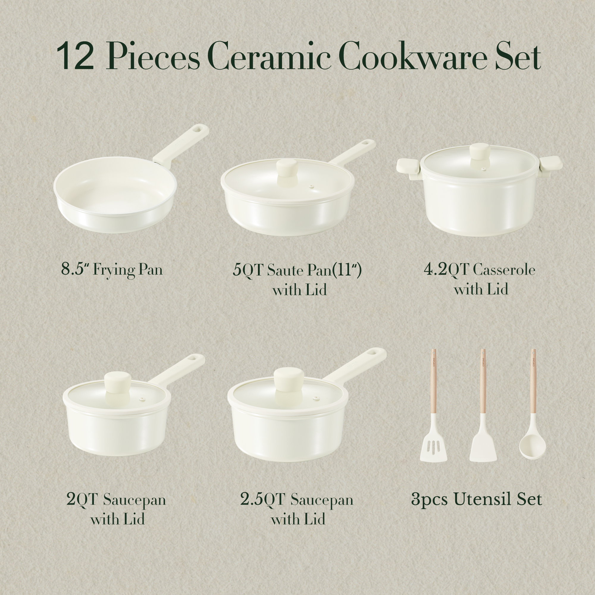 Carote Nonstick Ceramic Cookware Set 12-Piece,Kitchen Pots and Pans Set,Stay-Cool Handles,Induction Compatible,Cookware Set for RV and Camping,White