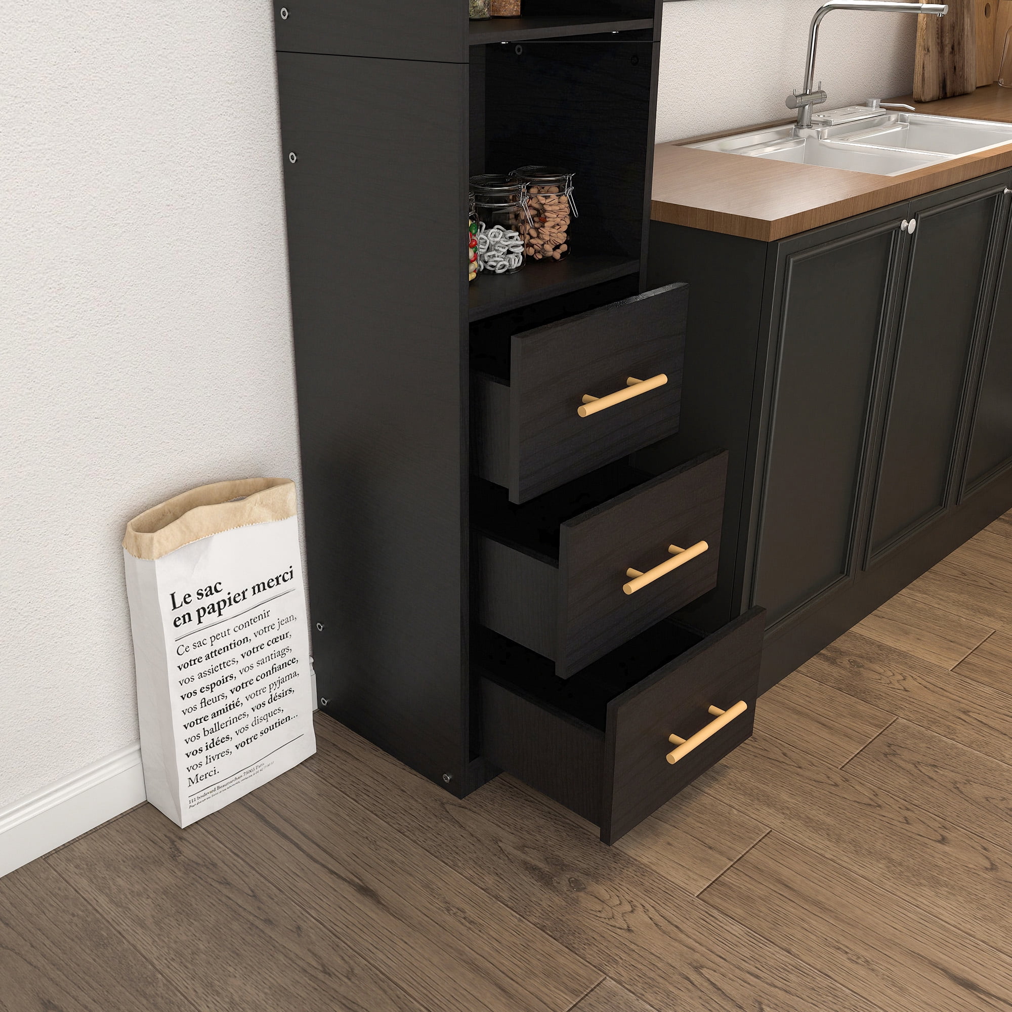 Mintazer 85" Narrow Tall Freestanding Storage Cabinet with 4‑Tier Open Shelves & 3 Drawers, Slim Floor Pantry Cabinet for Kitchen Bathroom Living Room Small Spaces, Black