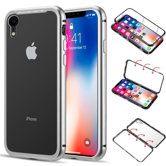 Case for iPhone XR, Nakedcellphone MAGNETIC Snap-On Aluminum Cover with Transparent Rear 9H Hard TEMPERED GLASS Clear Protector for Apple iPhone XR (2018, 10R) 6.1"