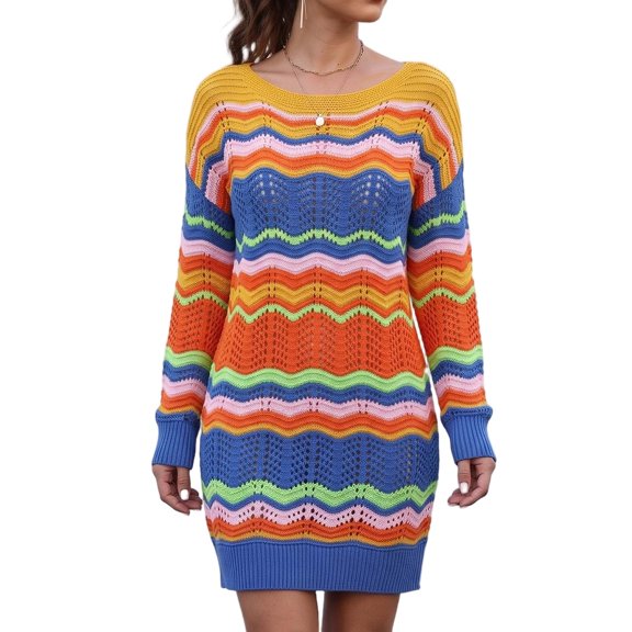 Vynhevius Womens Colorful Striped Sweater Dress Crew Neck Long Sleeve Casual Mini