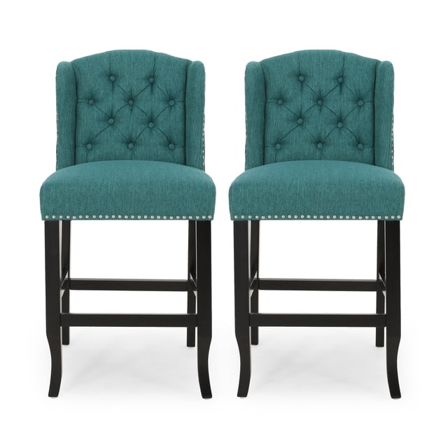 Foxcroft Wingback Counter Stool (Set of 2), Teal and Dark Brown