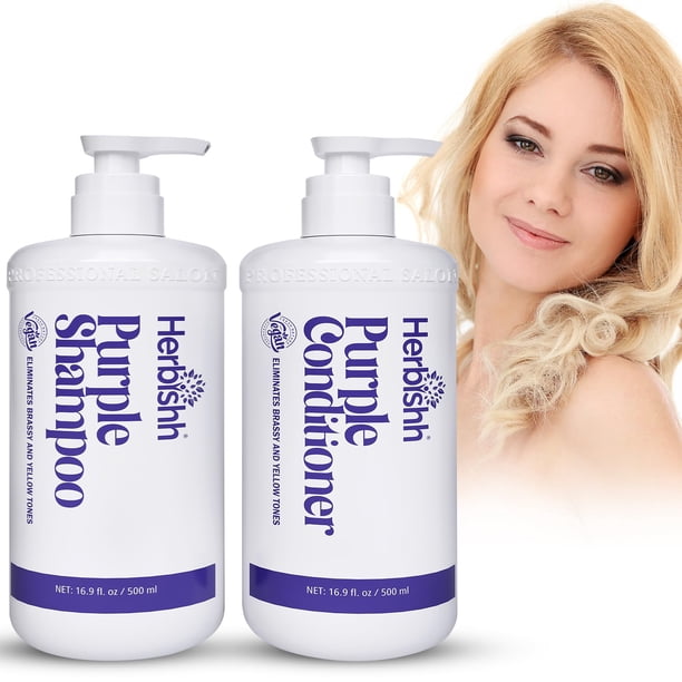 Herbishh Sulfate Free Purple Shampoo And Conditioner Set 16.9 Fl. Oz Each, Blonde Purple Shampoo For Grey Hair Neutralizes Yellow & Brassy Tones For Silver, Highlighted Hair, Vegan Color Safe Formula
