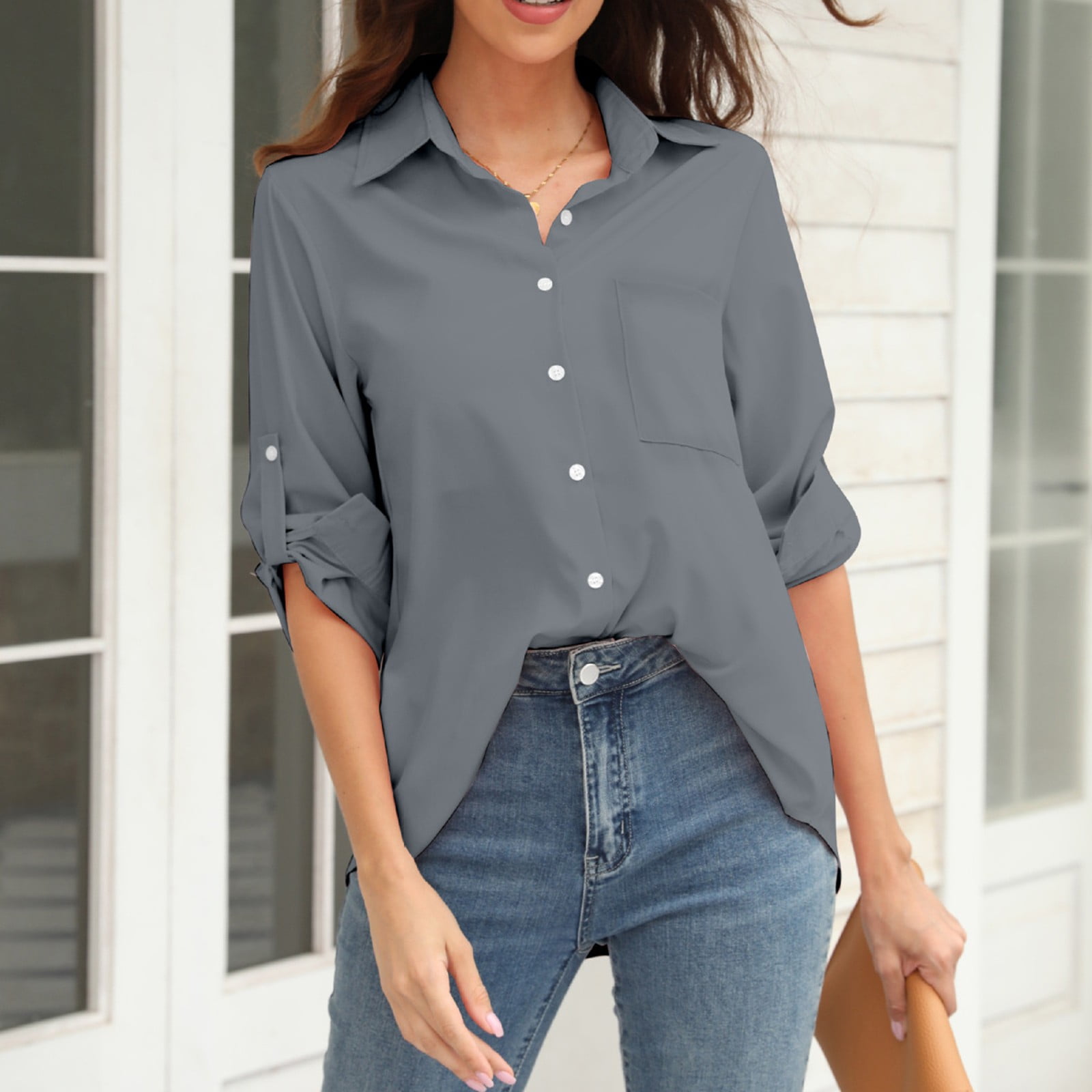 nsendm Womens Shirt Female Adult Shirt with Sleeves Ladies Long Sleeve Lapel Button Down Shirt Top Womens Plain T Shirt Grey S Walmart