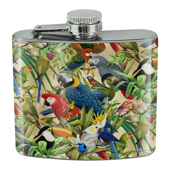 Tropical Birds Parrot Macaw Toucan Pattern Stainless Steel 5oz Hip Drink Kidney Flask