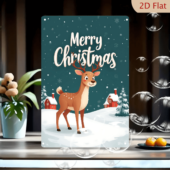 1pc Metal Wall Sign, 8x12 Inches, Cute Cartoon Reindeer Merry Christmas Snowy Winter Village Scene Decorative Sign, Ideal for Home, Living Room, Bedroom, Kitchen, Office, Front Door