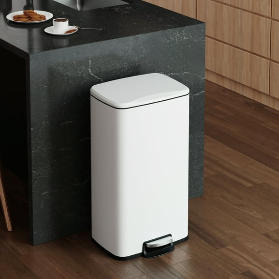 Innovaze 8 Gallon /30 Liter Trash Can, Carbon Steel Rectangular Kitchen Step-on Garbage Can, Matt White