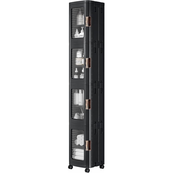 VECELO 4-Tier Tall Narrow Storage Cabinet with Movable Wheels, Adjustable Shelves, Anti-Tip, Slim, for Small Space, Bathroom, Kitchen, Laundry, Black