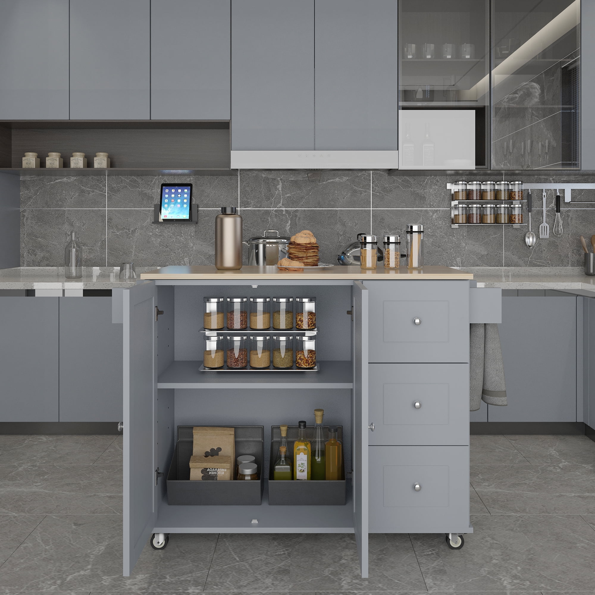EUROCO Rolling Mobile Kitchen Island with Solid Wood Top and Locking Wheels, Storage Cabinet and Drop Leaf Breakfast Bar, Towel Rack & Drawers, Gray