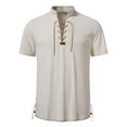 thumbnail image 2 of USNSM Mens Short Sleeve Henley Shirts Cotton Linen Lace Up Drawstring Tie V Neck Shirts Hippie Beach Spring Summer Tops White M, 2 of 6