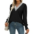thumbnail image 3 of Hibeli Women Casual V Neck Color Block Lace Spliced Long Sleeve Blouse Tops, 3 of 5