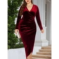 thumbnail image 4 of Womens Plus Size Long Sleeve Velvet Bodycon Dresses Elegant Ruched Wrap Deep V Neck Party Cocktail Dress Red XL, 4 of 9