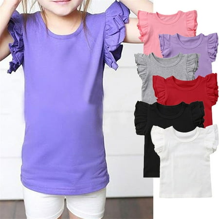 

Summer Toddler Children Girl Ruffles Short Sleeve Cotton Tee Tops Candy Color Kids Girl T-shirt