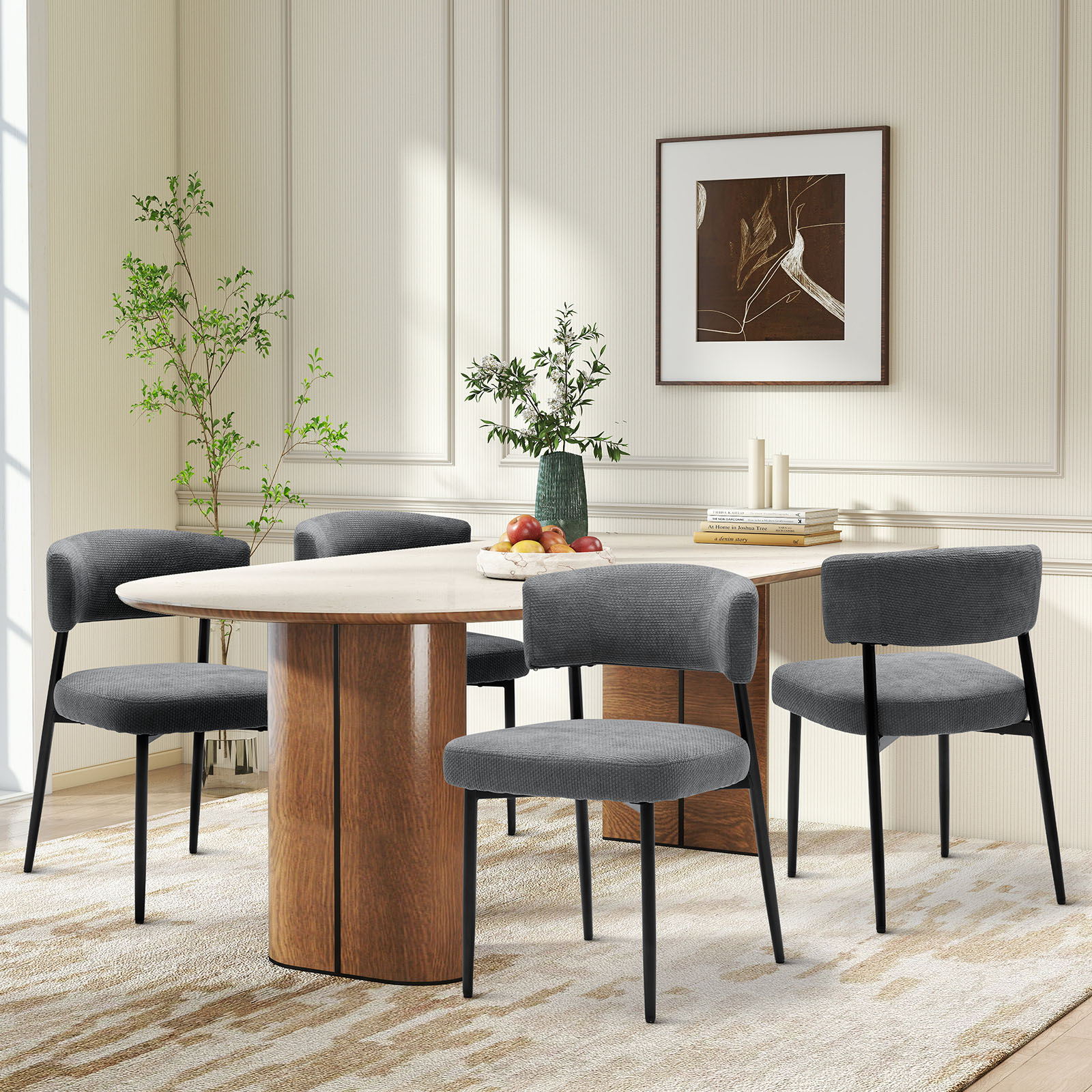 EDX Dining Chairs Set of 4, Mid Century Modern Chair Round Upholstered Curved Backrest, Kitchen Vanity Living Room Chairs with Black Metal Legs, Grey
