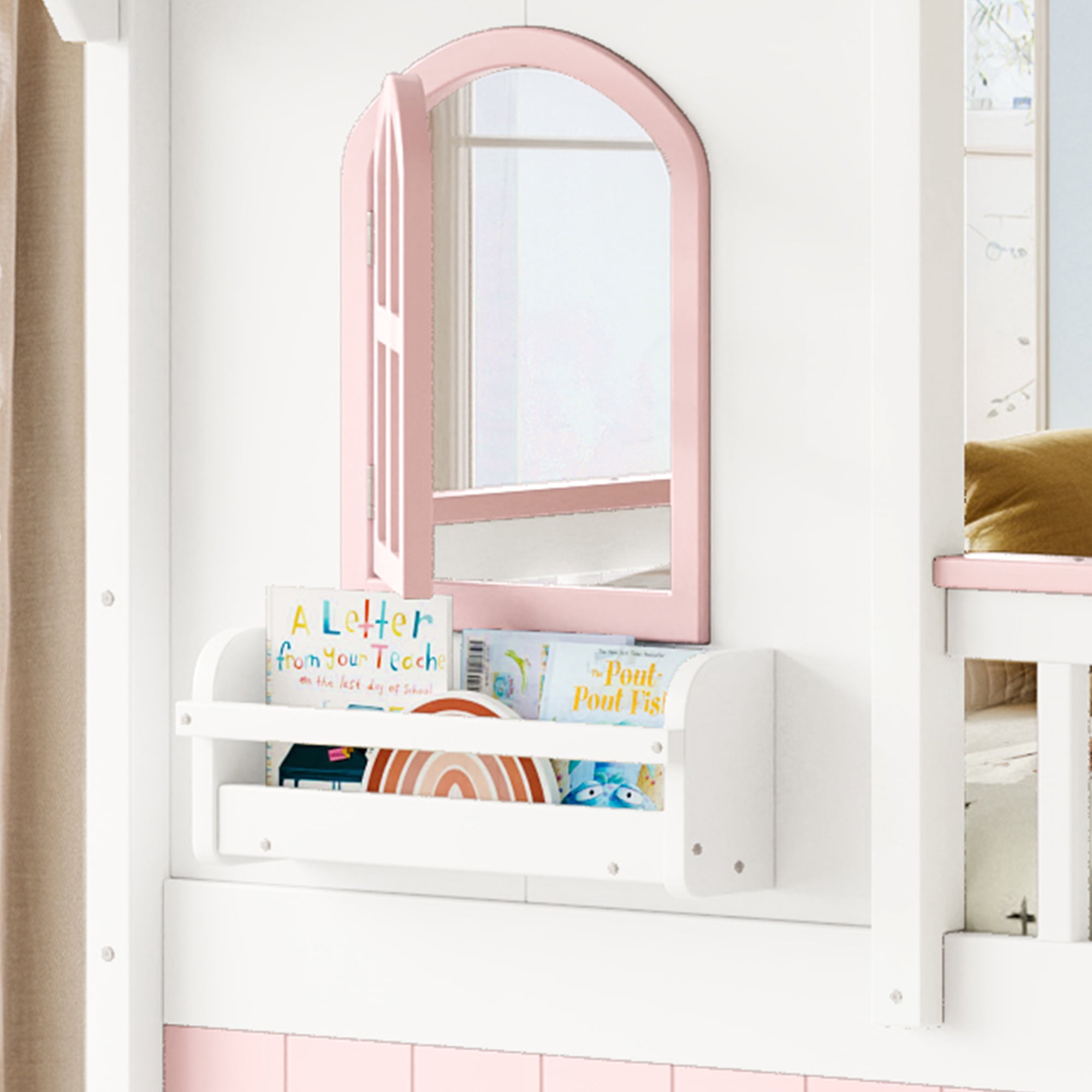 HOQBN Full over Full House Bunk Bed with Storage Stairs, House Bunk Bed with Window & Side Bookshelf, Solid Wood Bed Frame with Play Designed, Convertible Lower Space for Sleep or Play, White+Pink