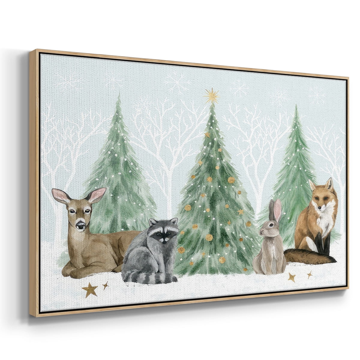Christmas in the Forest Collection A - Framed Gallery Wrapped Holiday Canvas - 17 x 25 - Natural Wood Frame