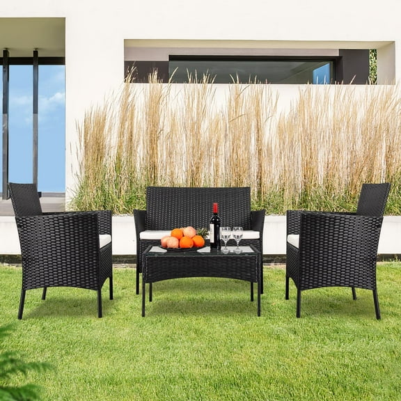Seizeen 4PCS Patio Set, All-weather PE Sofa Set for Outdoor Porch Deck, Patio Furniture Conversation Set Steel Frame Table & Armchairs, Black