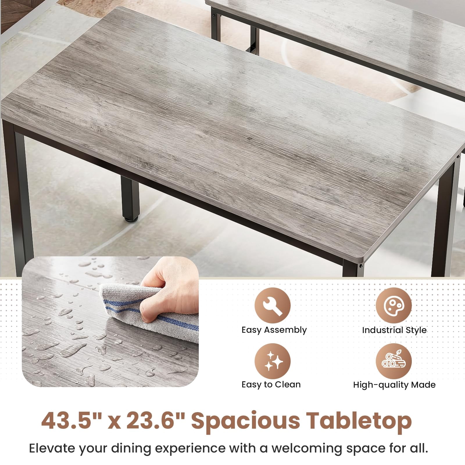 3 Piece Dining Room Table, Kitchen Dining Table Set with 2 Benchs for Apartment Breakfast Nook and Samll Space, Grey