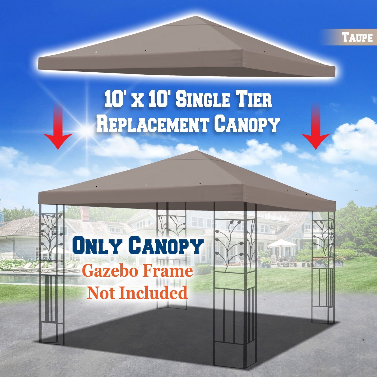 Sunrise Replacement top cover for 10'X10' gazebo canopy patio pavilion sunshade plyester single tier-Taupe
