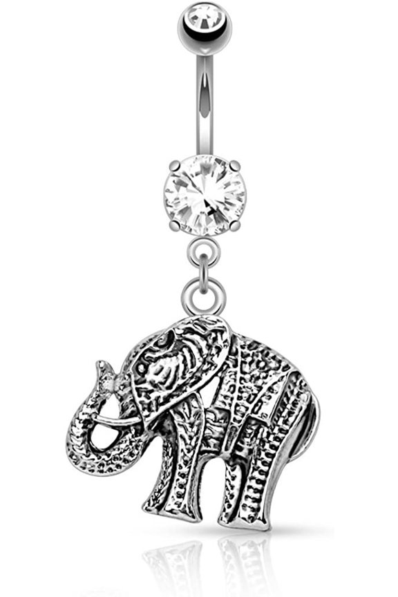 14G Good Luck Dangle Elephant Belly Button Ring Surgical Steel Curved Navel Piercing Barbell