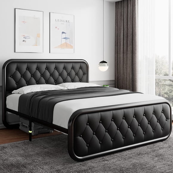 Honfach Queen Size Metal Bed Frame with Leather Headboard, Heavy-Duty Platform Bed Frame, Thicker Metal Steel Slats Support, 12'' Under-Bed Space, Black