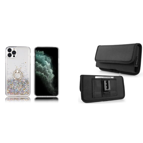 Waterfall Liquid Glitter Stand Case and Belt Holster Pouch for iPhone 14 Pro - Silver