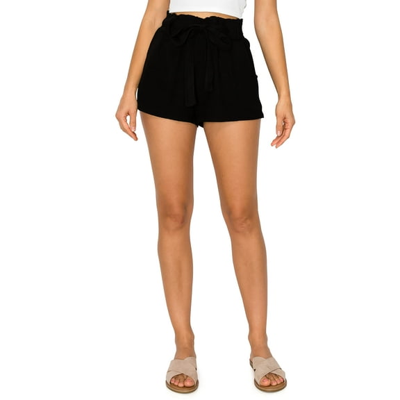 Cali1850 Oceanside Women's Paperbag Linen Shorts Elastic Waist Self Tie Belt Paper Bag Beach Pants with Pockets