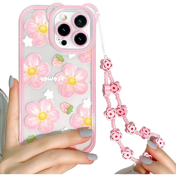 Compatible for iPhone 13 Pro Max Case Clear Cute Flower Floral with Chain for Girls Women Pattern Soft TPU Shockproof Protective Girly for iPhone 13 Pro Max-Pink Flower