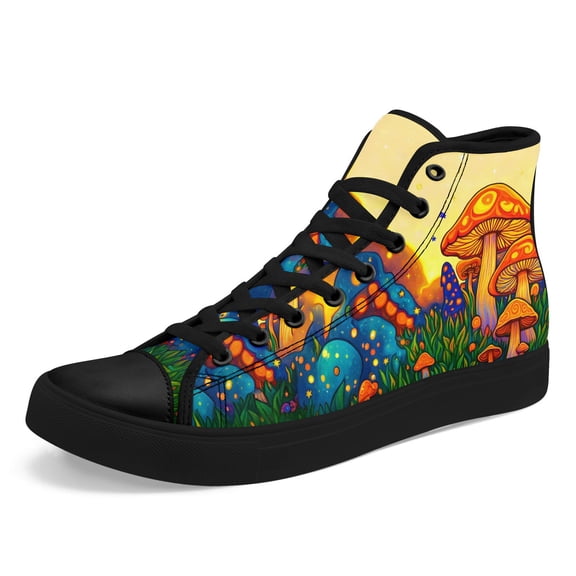 Coolcustomize Men's Gothic Punk Mushroom Graphic High-Top Sneakers - Black & Multicolor (Yellow/Color) Streetwear Trainers, PLUS SIZE, All-Season Casual Wear, Mushroom Design, Women's Casual Shoes