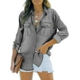 thumbnail image 6 of Women Button Down Denim Shirt Long Sleeve Roll Up Casual Oversized Jean Jacket Distressed Tunic Top, 6 of 7