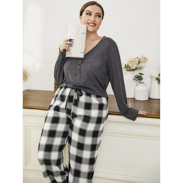 SUWHWEA Womens Pajama Sets, Ladies Fashion Casual Trend Print Loose Long  Sleeve Shirt Straight Leg Pants Suit Women Matching Black XXXXXL 