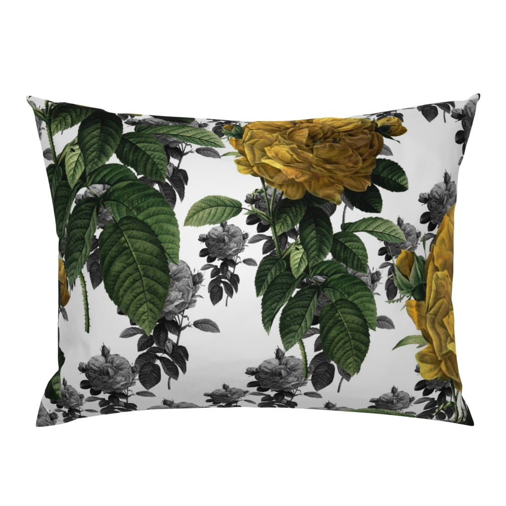 Pink Roses Dark Floral Flowers On Black White Antique Pillow Sham by Roostery Pink Roses Dark Floral Flowers On Black White Antique Pillow Sham by Roostery