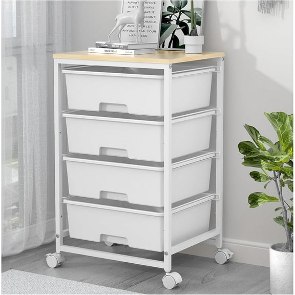 Utility Cart with 4 Drawers, Multipurpose Rolling Storage Cart with 4 Drawers and 2 Lockable Wheels, 4-Tier Rolling Storage Cart Organizer for Home Office Dorm, Bright White