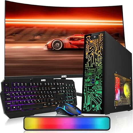 Restored HP Desktop Computer PC – Intel Core i5, 16GB ARGB RAM, 256GB SSD, 24 Inch Curved Monitor, RGB Keyboard with AI Copilot Key and Mouse, RGB Soundbar, Windows 11 Pro