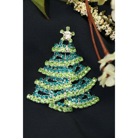Green and White Rhinestone Christmas Tree Brooch Pin, Traditionally Christmas Jewelry, Christmas Accessories