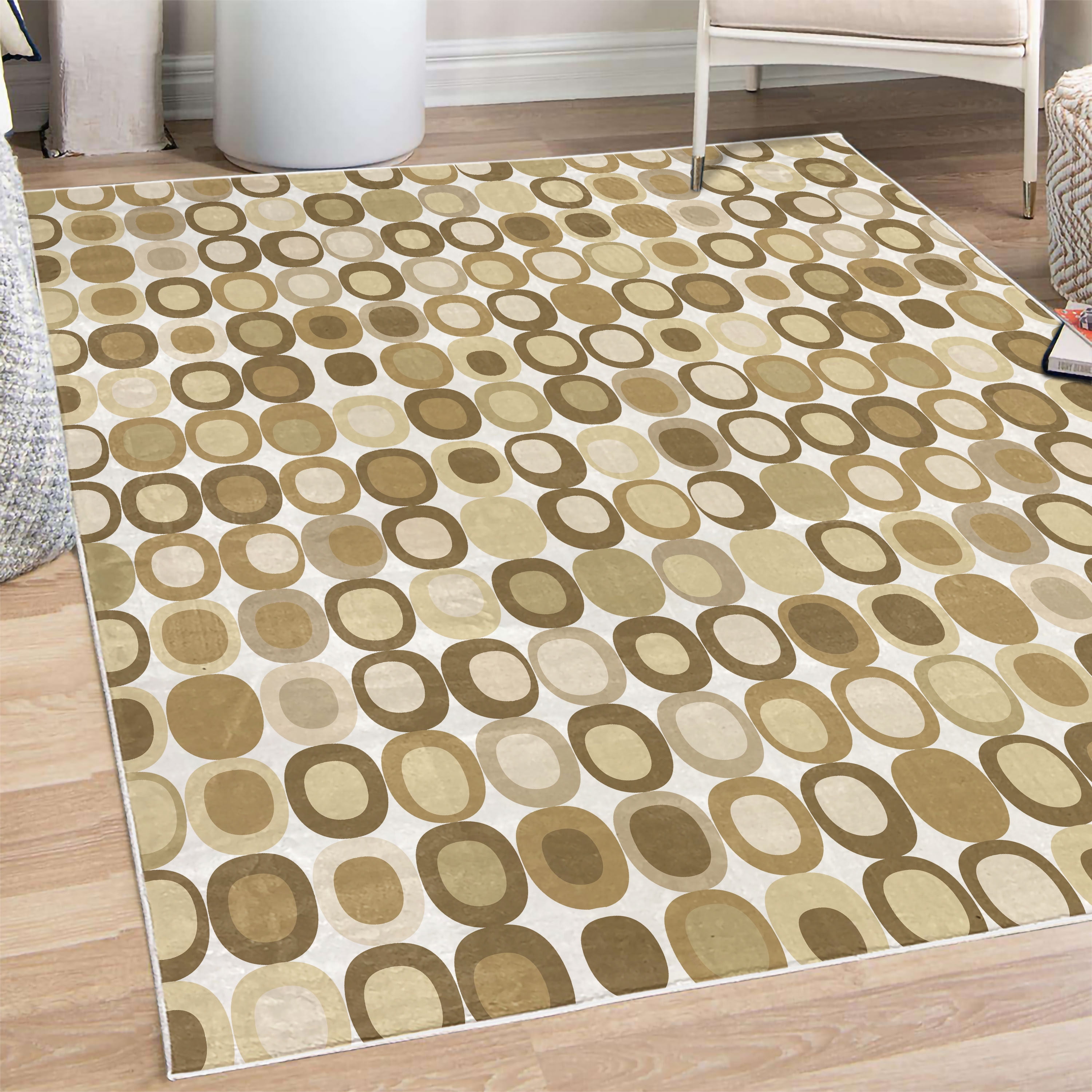 Mid Century Decorative Rug, Retro-Themed Styled Round Edged Mosaic ...