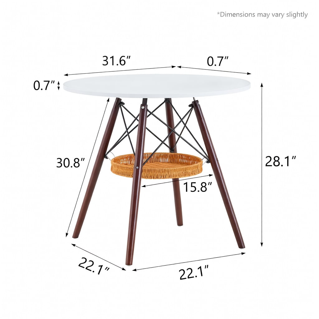 Hommoo 31.5" Round Dining Table with Walnut Solid Wood Legs, White MDF Vacuum-Formed Top & Under-Mount Woven Storage Basket, Modern Nordic Coffee Table for Small Spaces, White & Brown