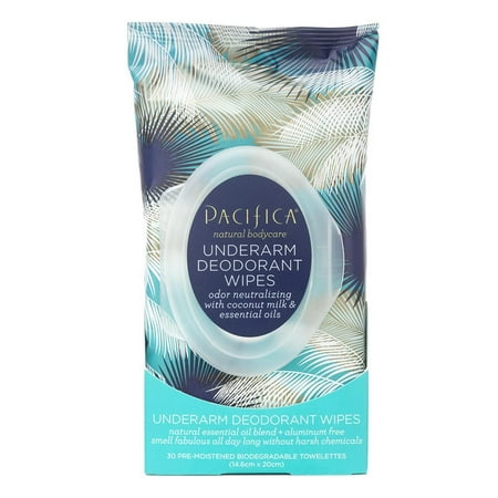 pacifica beauty natural underarm deodorant biodegradable wipes, coconut milk & essential oils, 30
