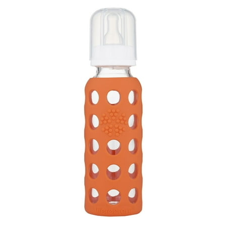 Lifefactory BPA-Free Glass Baby Bottle with Protective Silicone Sleeve and Stage 2 Nipple, Papaya, 9