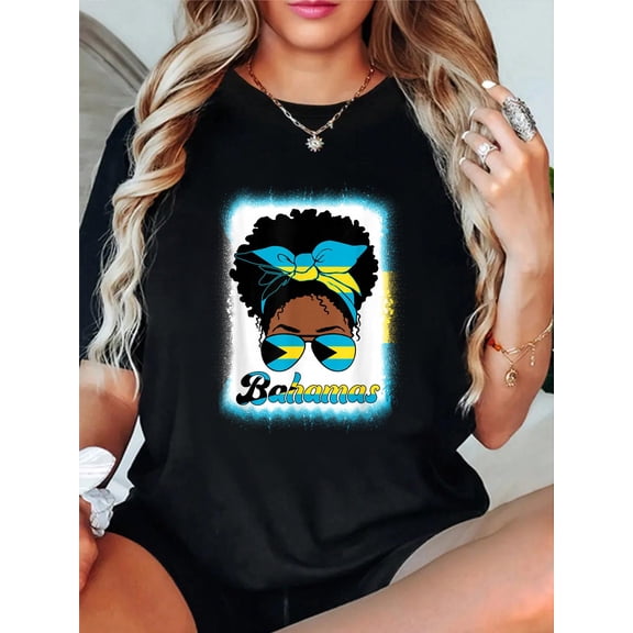 Cotton Messy Bun Bahamian Bahamas Flag Womens Woman Girl T-Shirt Women's Graphic Tee Casual Tops